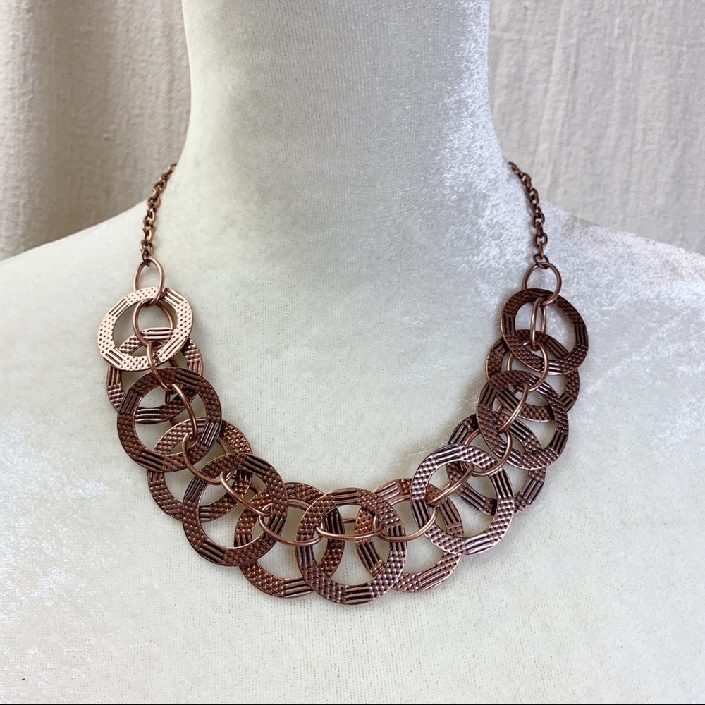 Copper textured linked Ring Circles Necklace